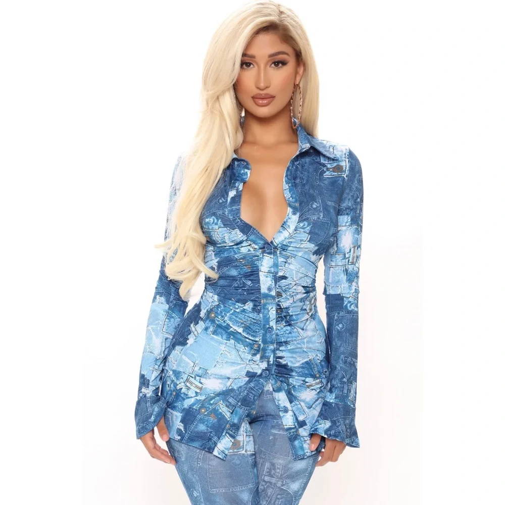 Fashion Nova Never Washed Out Legging Set Blue Denim Patch - Picture 3 of 3